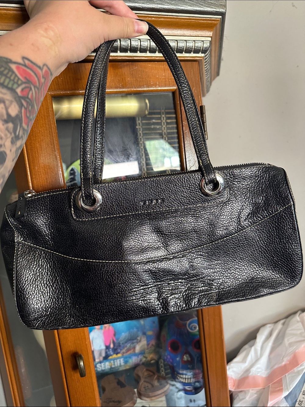 Black Leather Shoulder Bag with Silver Hardware